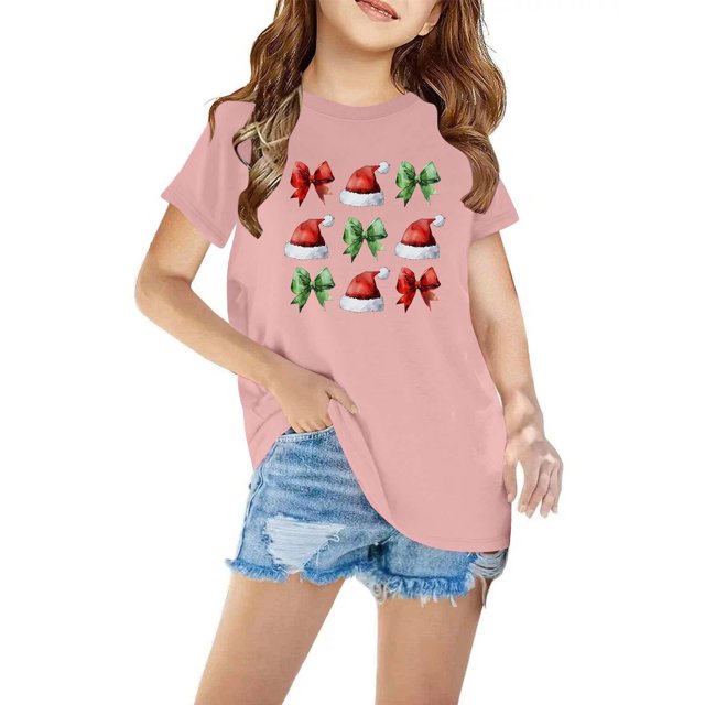 Zwiiyzr 2025 Chemises de Noël Mignonnes pour Garçons et Filles Mode Imprimée Décontractée Manches Courtes Col Rond Coton 3-10 Ans Rose