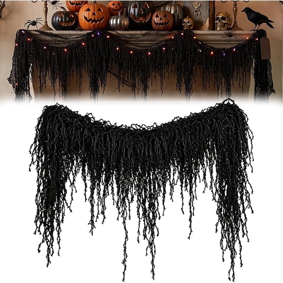 Halloween Fireplace Decor Set with LED Lights – Black Vine Garland for Mantel Door Frame Window Halloween Decorations Home Decor