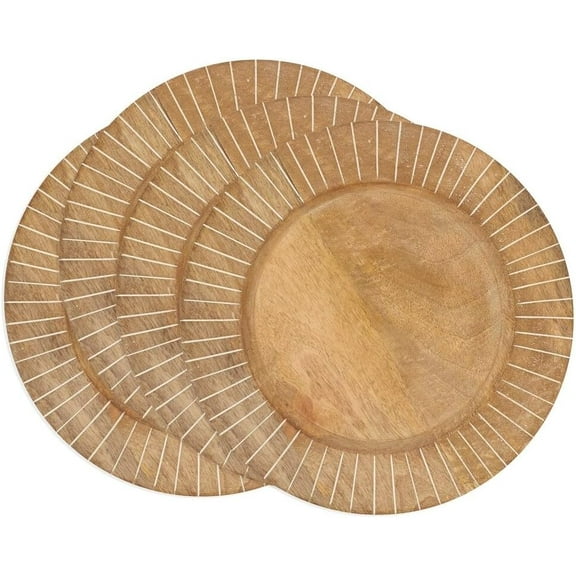 Fennco Styles Textured Slit Wooden Decorative Charger Plates 13" Round, Set of 4 – White Mango Wood Table Chargers for Banquets, Family Dinners, Special Events and Home Décor