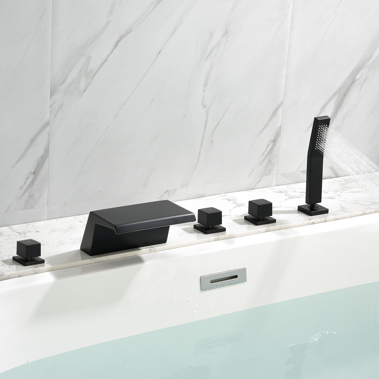Cobbe 5-Hole Deck Mount Bathtub Faucet Kit with Hot Water Switch, 7.09-Inch Wide Bathtub Spout, Cold Water Switch, Diverter Knob and Handheld shower Matte Black