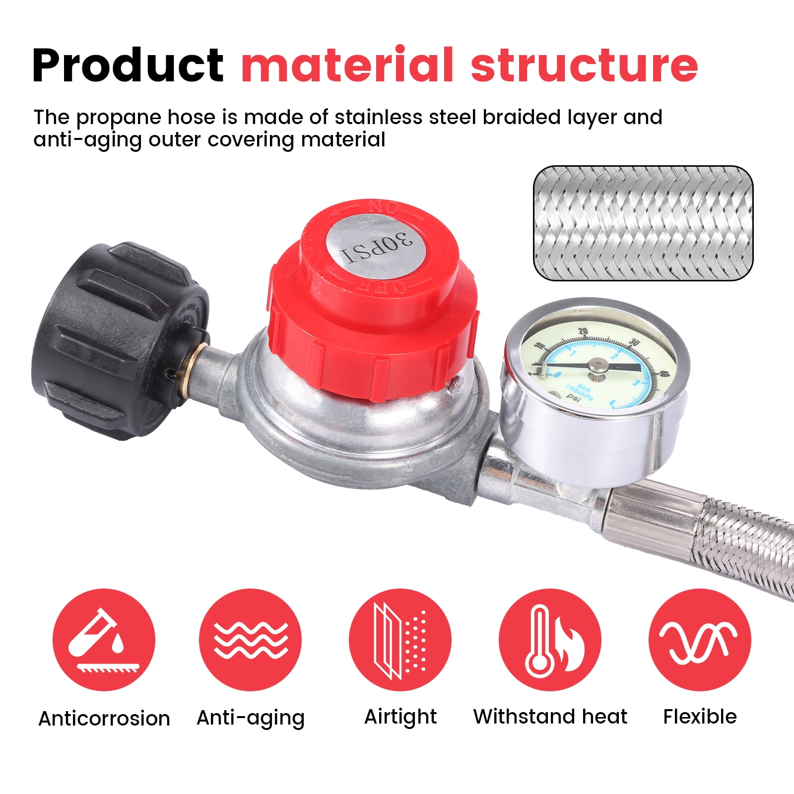 5 FT Adjustable Propane Regulator Hose with 0-60PSI Gauge 0~30PSI Adjustable 3/8" Female Flare Gas Grill Regulator for Gas Tank Cooker