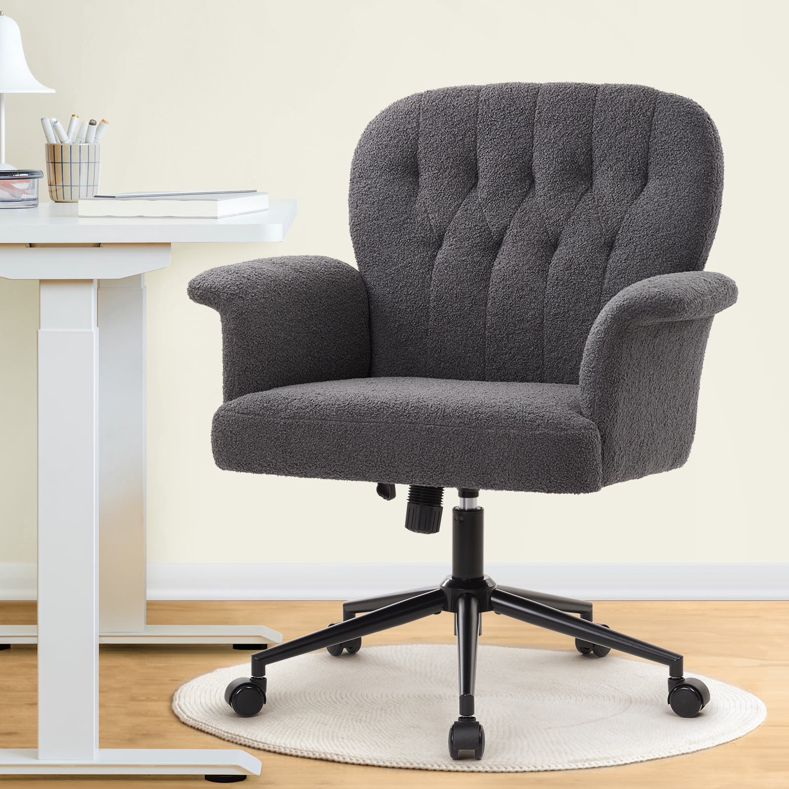 Office Desk Chair, Soft Fabric Cozy Desk Chair with Wheels and Arms, Modern Upholstered High Back Wide Seat Vanity Chair for Bedroom Living Room Makeup (Dark Grey)