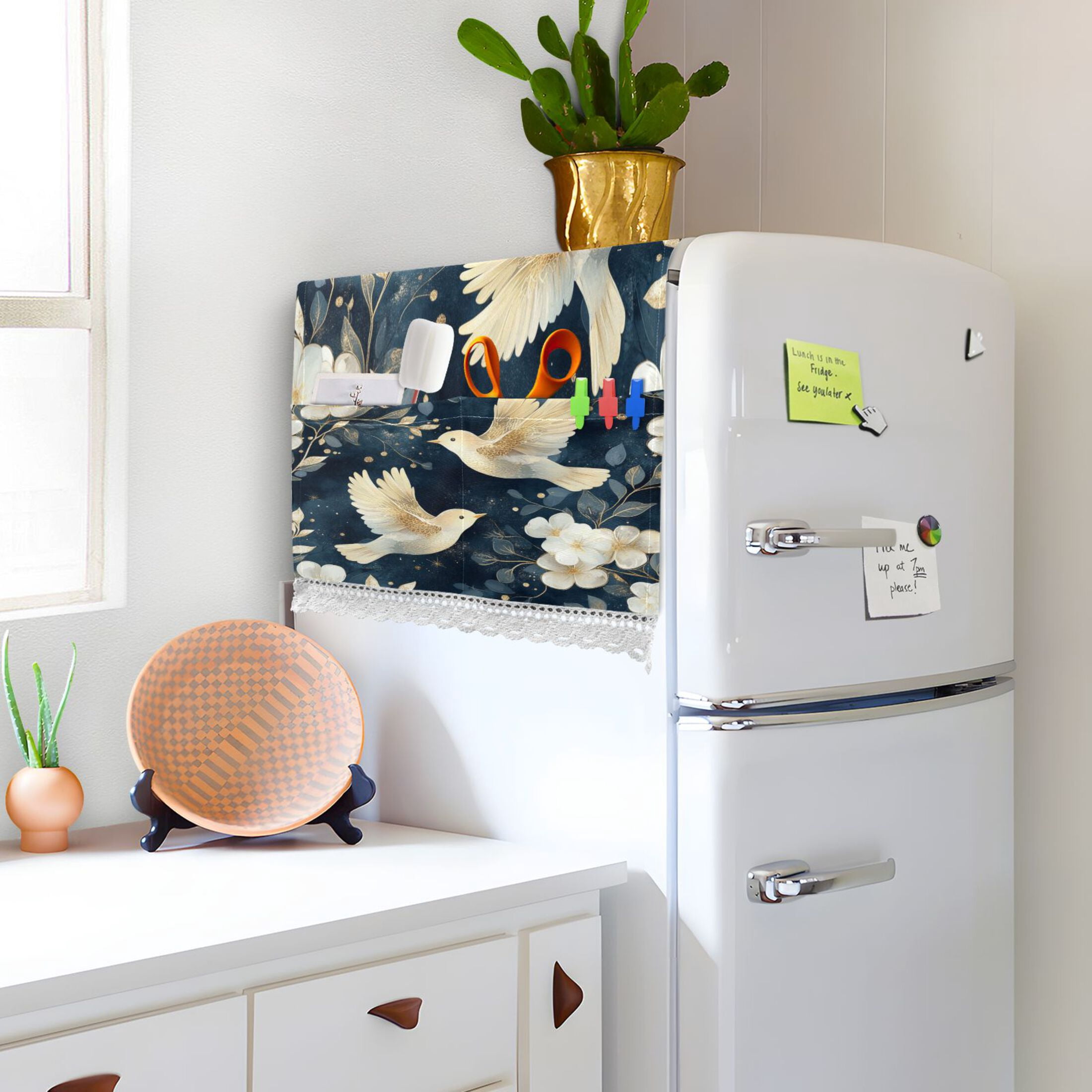 Happy Flying BirdsWasher and Dryer Covers Dust-Proof and Oil Resistant Fridge Cover with 4 Storage Pockets Washing Machine Top Cover for Laundry Kitchen Home 51.2 x 22 In