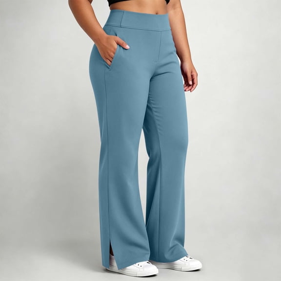 Mifsaly Plus Size Yoga Pants Women Split Hem Dress Pants Elastic Waist Casual Work Trousers with Side Pockets for Business Office Blue,XXXXXL