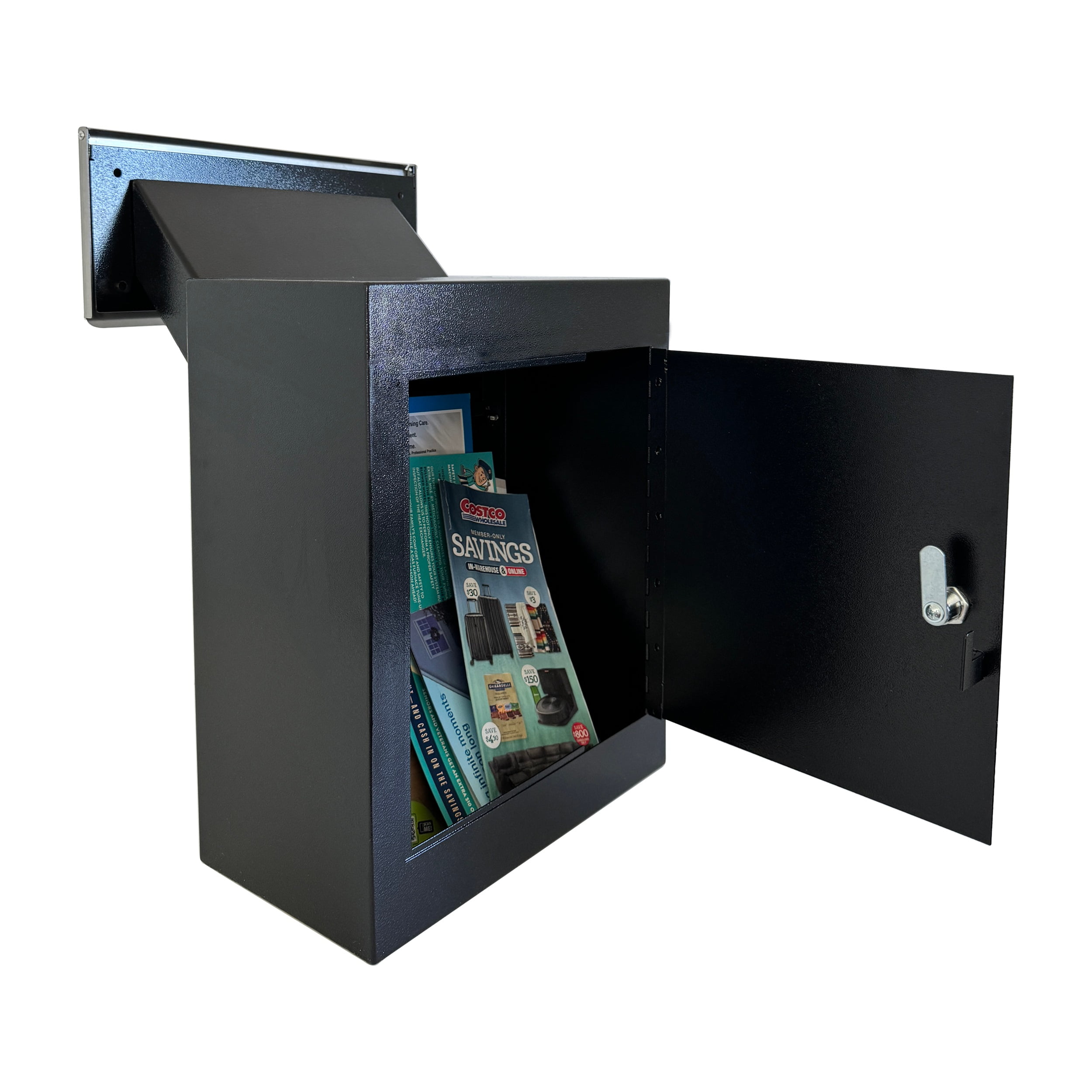 Plugsharge Through-The-Wall Drop Box with Rainproof Cover | Heavy Duty Through Wall Mailbox with 10-Inch Adjustable Chute | Rainproof Locking Drop Safe for Mail, Rent, Checks, Cash, and Keys, Black