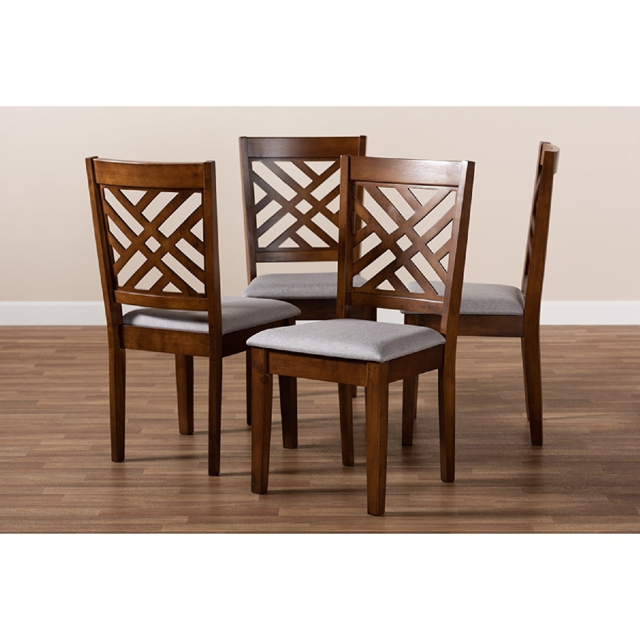Baxton Studio Caron Modern and Contemporary Grey Fabric Upholstered Walnut Brown Finished 4-Piece Wood Dining Chair Set