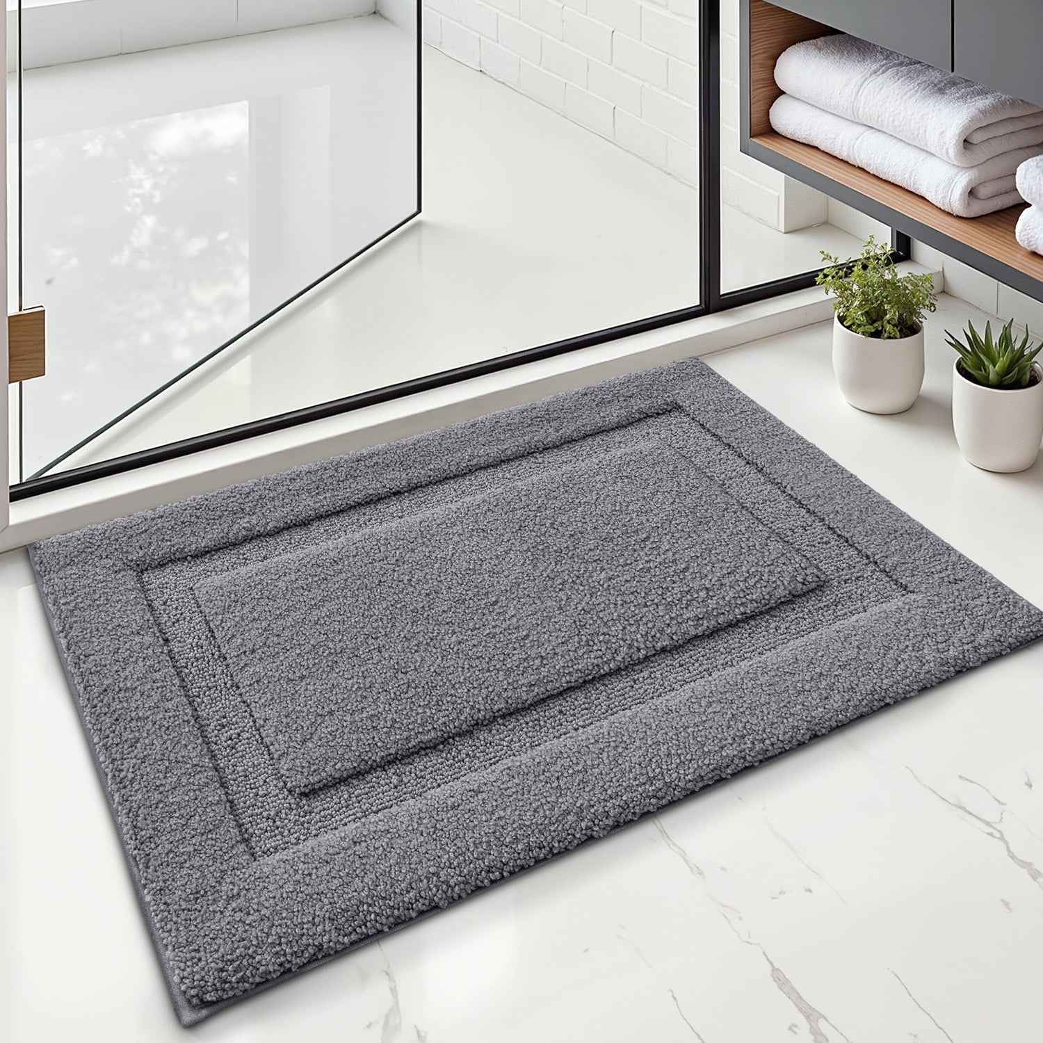 FRABE Non Slip Bathroom Rug with Rubber Backing, Ultra Absorbent Quick Dry Microfiber Bath Mat, Machine Washable, Dark Grey, 24"x36"