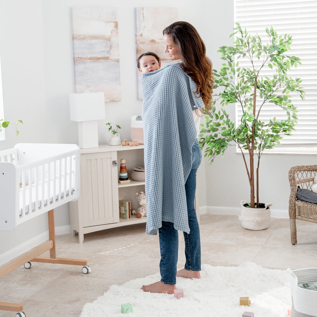 Comfy Cubs Waffle Weave Blanket - 40” x 40” - 100% Cotton Soft, Lightweight Baby Blanket, Pacific Blue