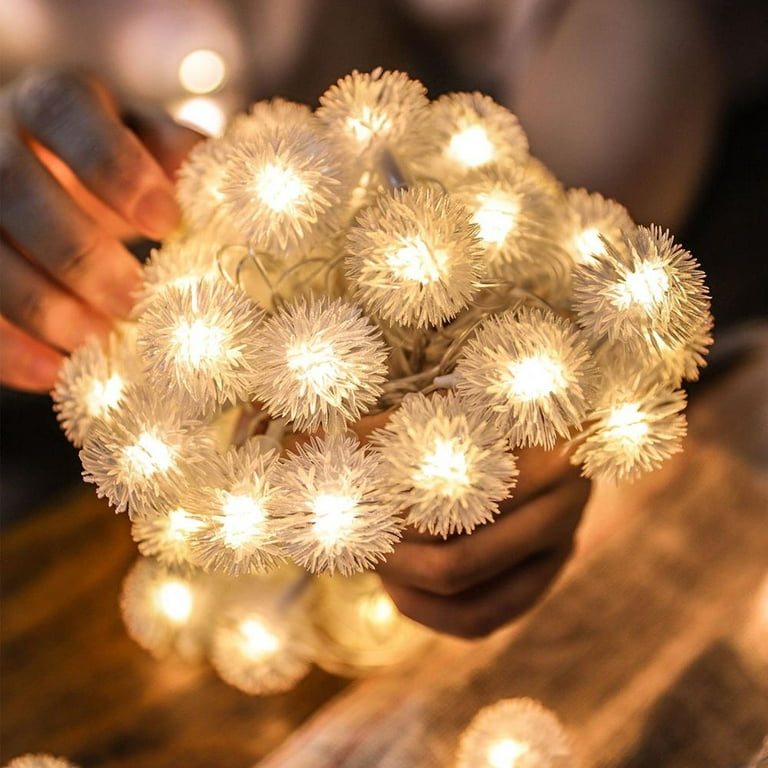 Amants01 33ft/10m Battery Operated 80 LED Furry Snowball String Lights  Dandelion Christmas Fairy String Lights for Holiday, Wedding, Party  Decoration