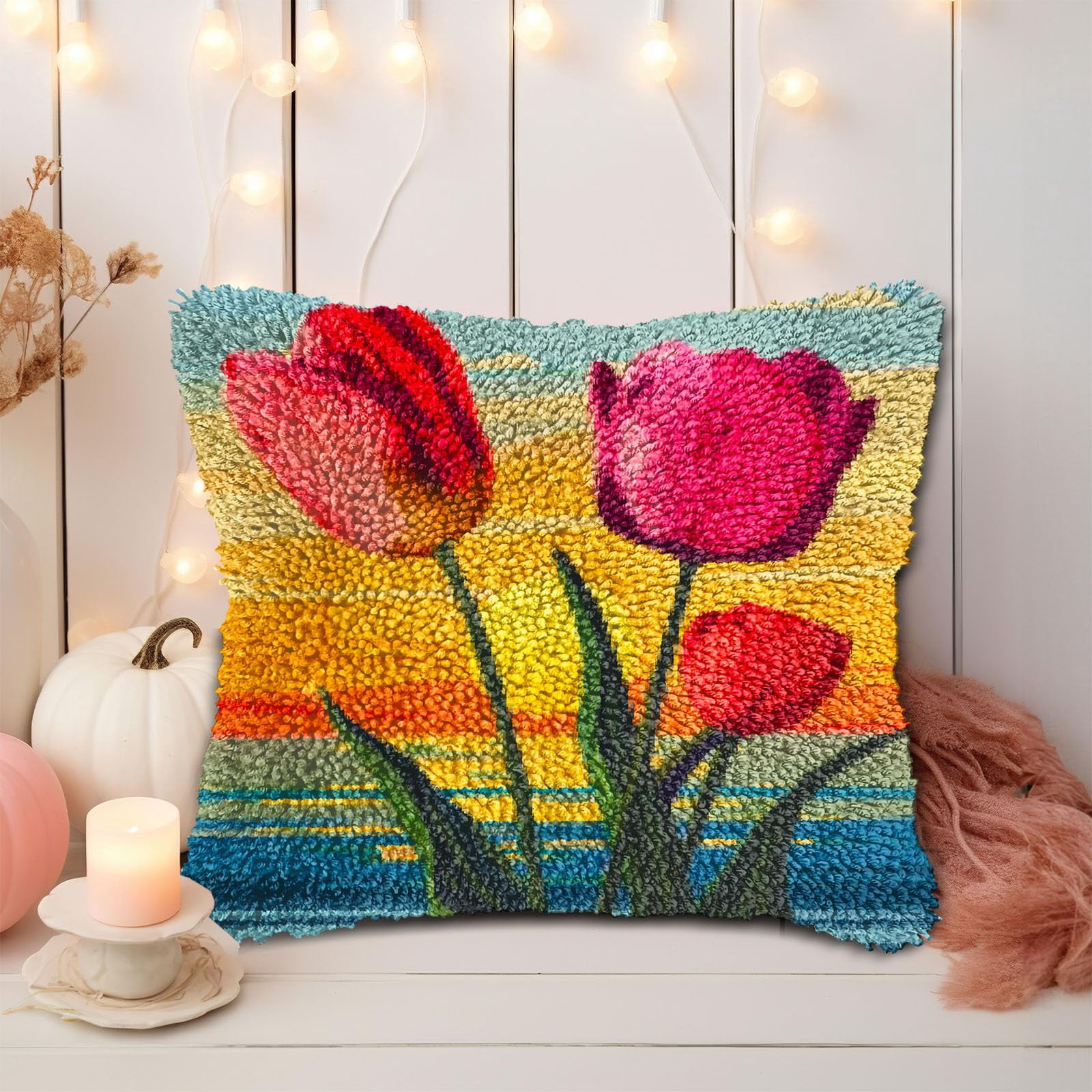 Seaside Flower Tulips Sunset DIY Latch Hook Pillow Kits for Adults Printed Pillowcase Crochet Yarns Hooking Handmade Pillow Cover Cushion for Home Sofa Decoration 17x17inch(1)