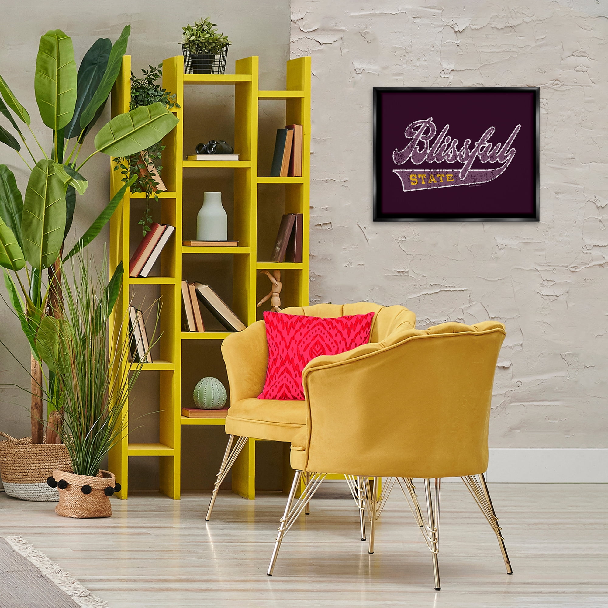 Stupell Industries Blissful State Varsity Novelty & Humor Painting Black Floater Framed Canvas Art Print Wall Art, 21 x 17