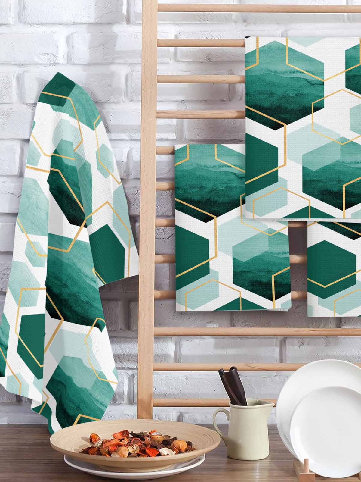 Turquoise Marble Kitchen Dish Towels for Drying Dishes Set of 2, Gold White Geometric Hexagon Modern Waffle Weave Microfiber Hand Tea Bathroom Towels Quick Dry & Absorbent Towel 15.7x23.6