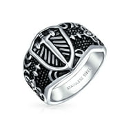 Mens Religious Viking Shield Maltase Fleur De Lis Cross Signet Band Ring for Men Oxidized Silver Tone Stainless Steel