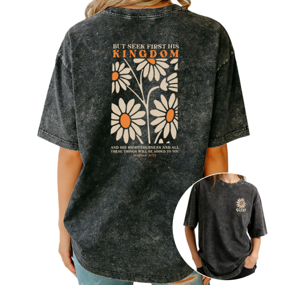 Giffimy Women's "Seek First His Kingdom" Matthew 6:33 Floral Christian Vintage Washed T-Shirt Short Sleeve Relaxed Fit Tee