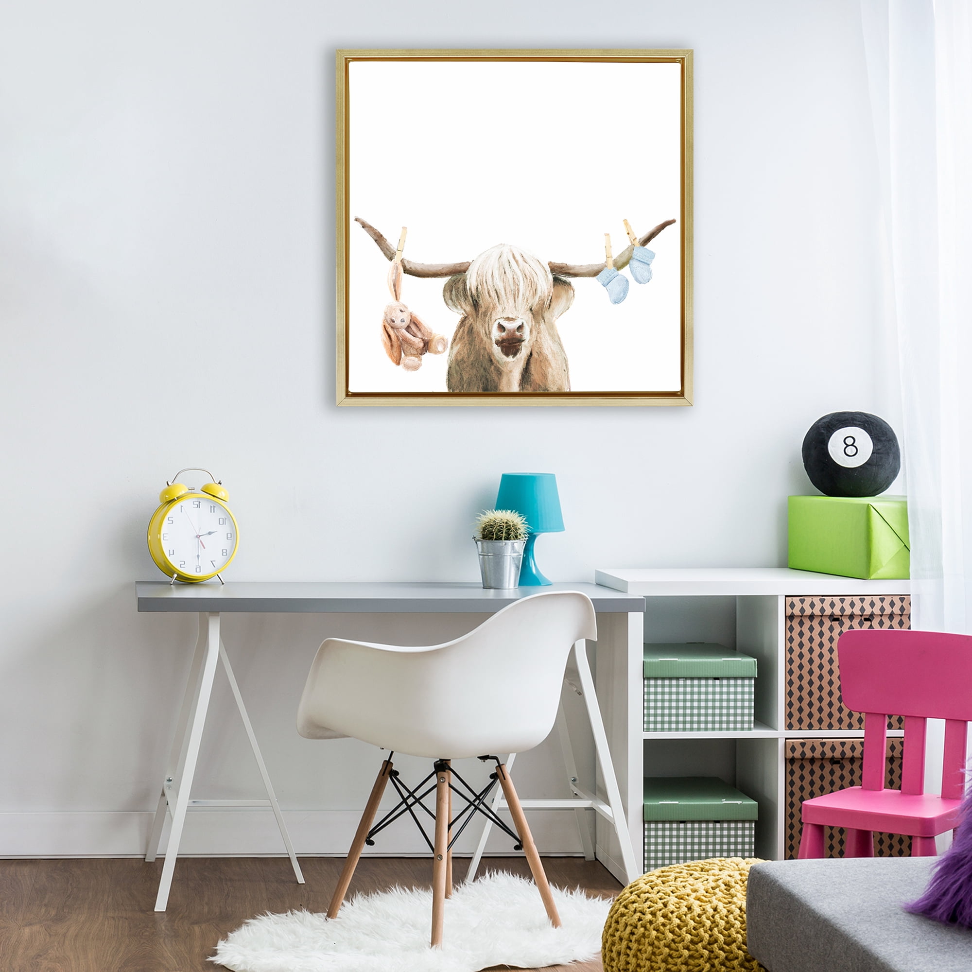 Highland Cow Baby Boy Gold Framed Floater Canvas Wall Art, design by Ali Lynne