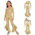 thumbnail image 5 of SiiRoh Girls Jazz Tango Disco Dance Outfit Oblique Shoulder Tassel Sequin Crop Top and Metallic Flare Pants Set Gold 8, 5 of 6