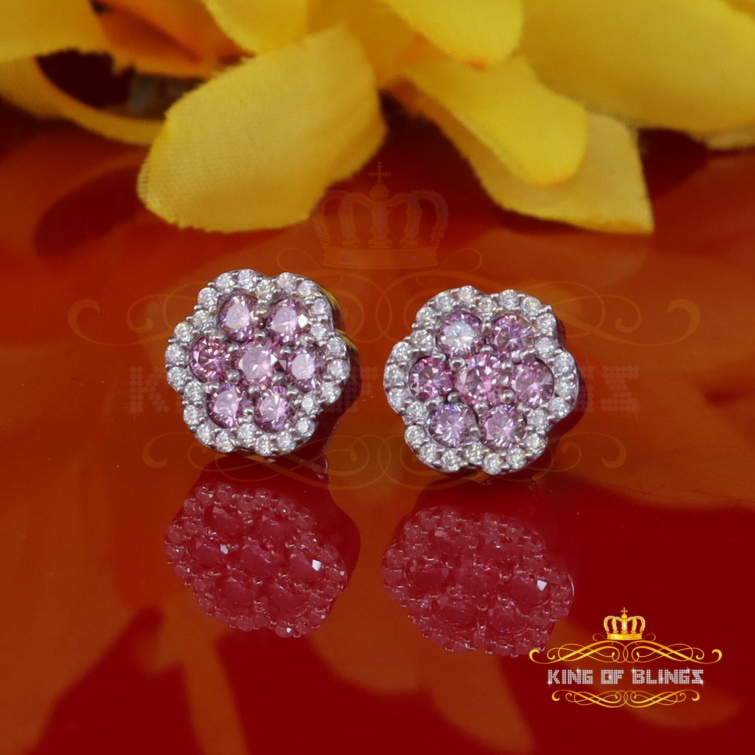 King of Bling's 925 Silver White 1.50ct VVS D Pink Moissanite Floral Men's/Women's Stud Earrings