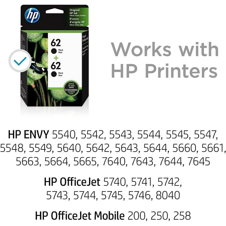 2-Pack HP 62XL (HP62) Black Ink Cartridges - Remanufactured For ENVY 5664, 5665, 7644 Printers