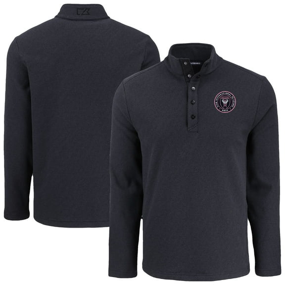 Men's-Cutter & Buck  Black Inter Miami CF Hunts Point Eco Textured Fleece Recycled Quarter-Snap Pullover