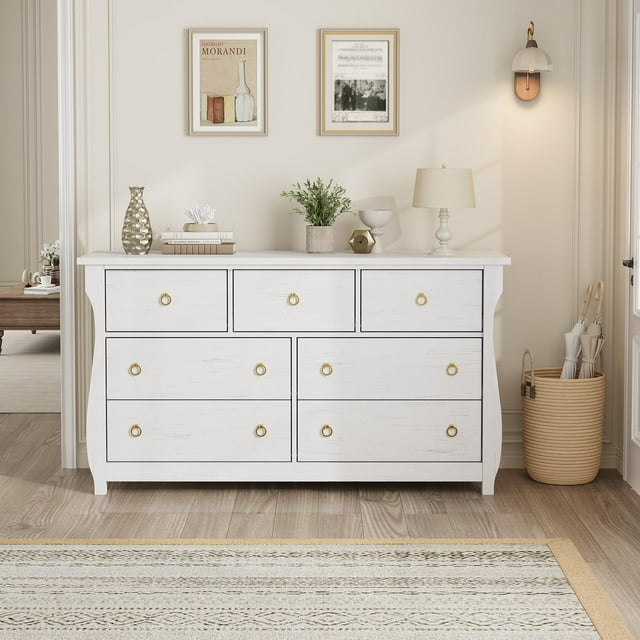 GloryStar Commode à 7 Tiroirs pour Chambre, Commode à Tiroirs de 54 Pouces de Large avec Rangement Autoportante, Coffre de Rangement en Bois pour Garde-Robe pour Salon, Chambre, Entrée