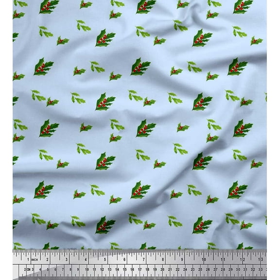 Soimoi Blue Cotton Duck Fabric Red Berries & Holly Leaves Fabric Prints By Yard 42 Inch Wide