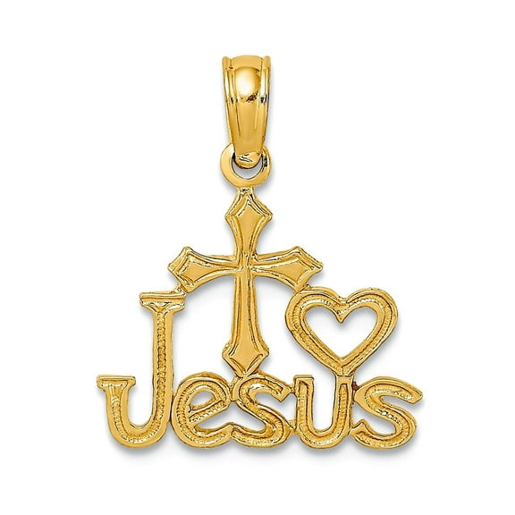 14mm 10k Solid Yellow Gold Jesus With Religious Faith Cross and Love Heart Charm Pendant Necklace for Women
