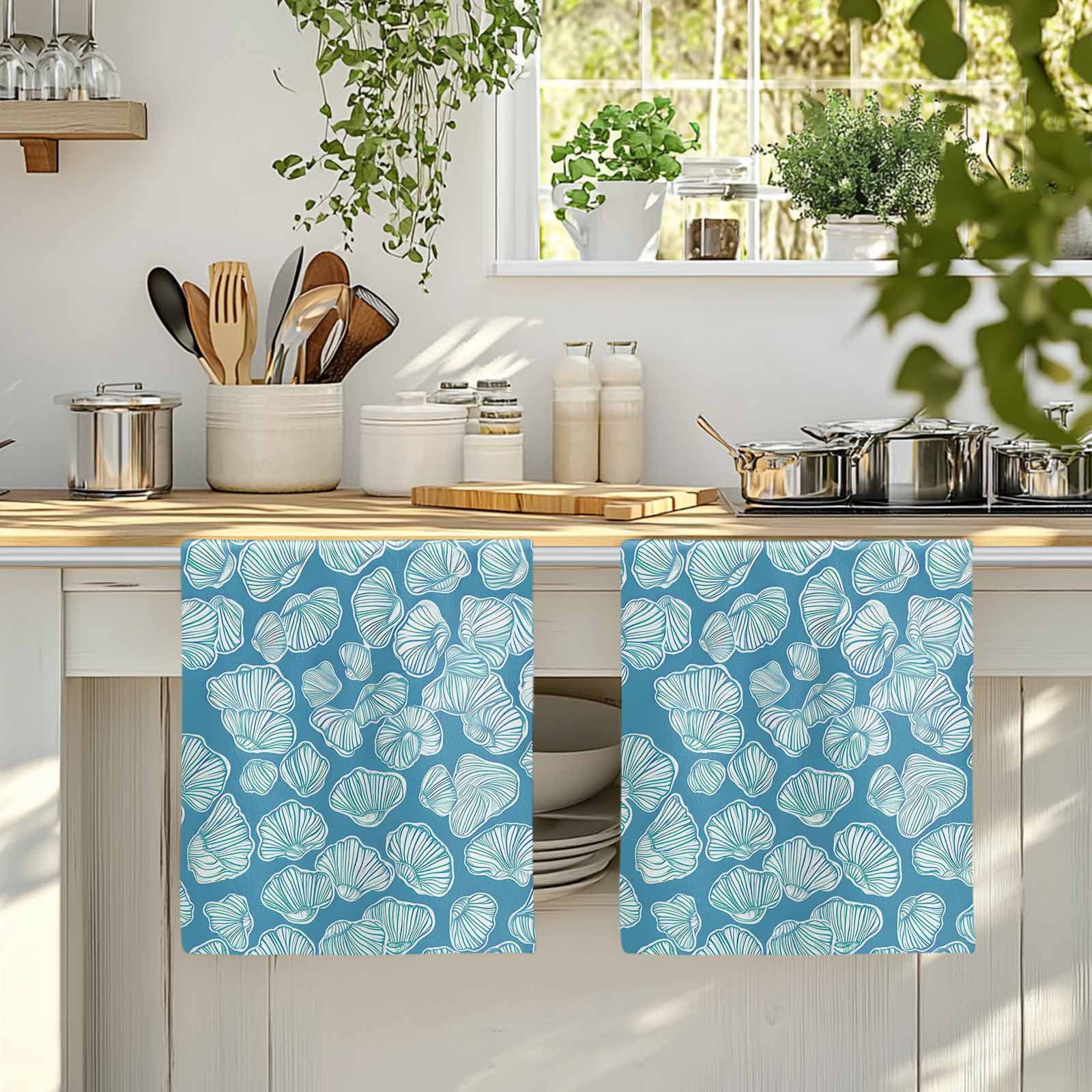 Dish Towels, Blue Conch Shell Absorbent Kitchen Towels 2 PCS, Ocean Marine Life Microfiber Hand Towels Dish Cloths Tea Towels for Home&nbsp;Bathroom Cleaning Drying,18X28-Inch,