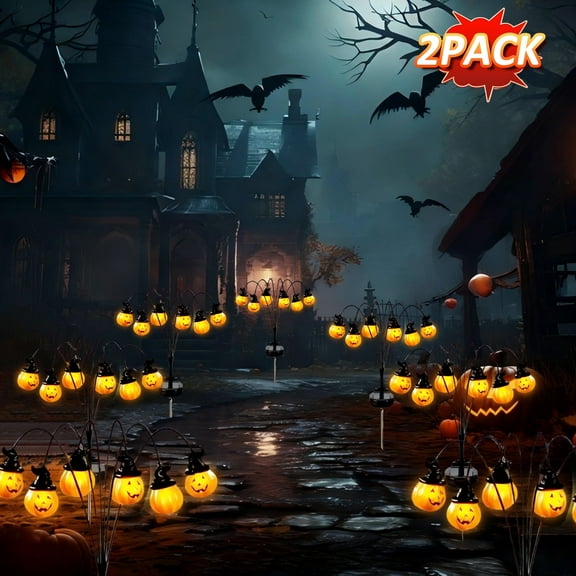 PMMIPNW Halloween Solar Light 2 Pack, Pumpkin Stake Lights Orange Jack-O-Lantern Solar Decorative Pathway Lights 2 Modes For Garden Lawn Yard Patio