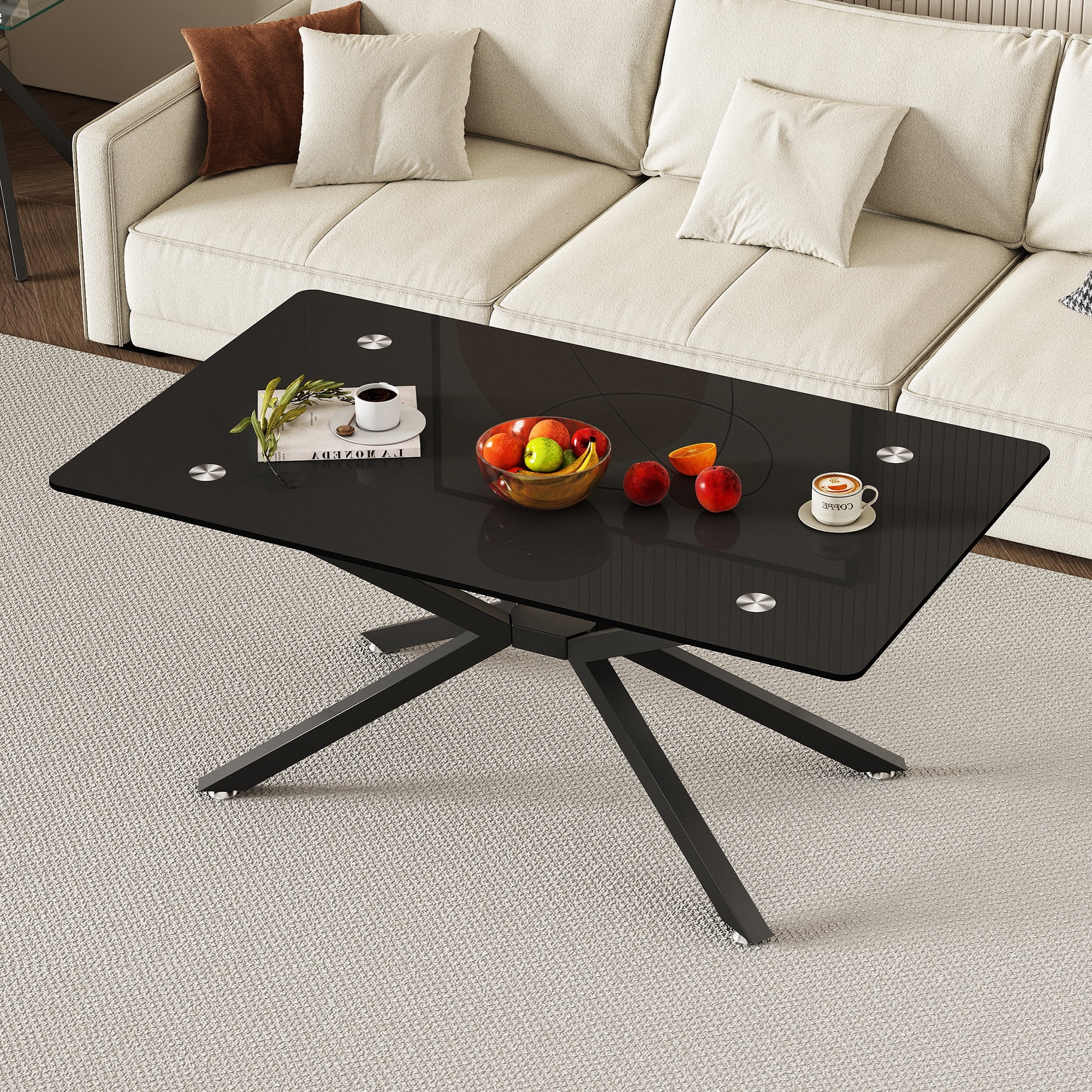 Rectangular Glass Coffee Table 39.37 Inch, Black Tempered Glass Top with Sturdy Metal Legs for Living Room Office Center Table, Modern Minimalist Design