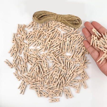 Mini Wooden Clothes Pins, 100 Pack, 1.4 Inch, Mini Natural Birchwood ClothesPins with 33 FT Jute Twine, Heavy Duty Moisture Resistant Clothes Pegs for Craft, Pictures, Arts, Cocktails