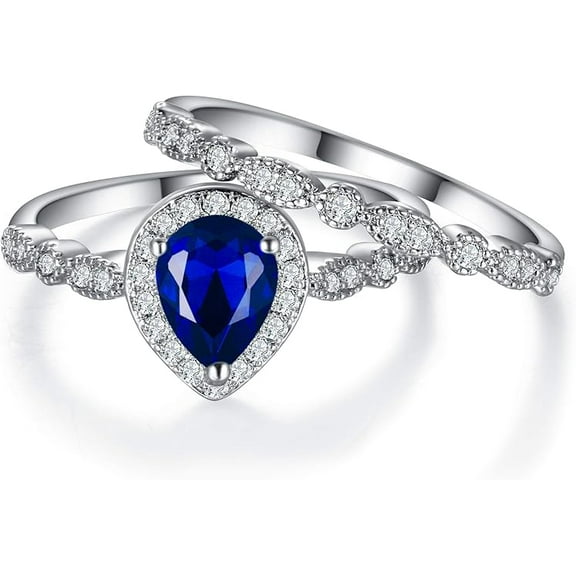 Gems Jewels 14K White Gold Plated 2 Ct Pear Cut Sapphire Wedding Engagement Bridal Ring Set For Women's 925 Sterling Silver -5