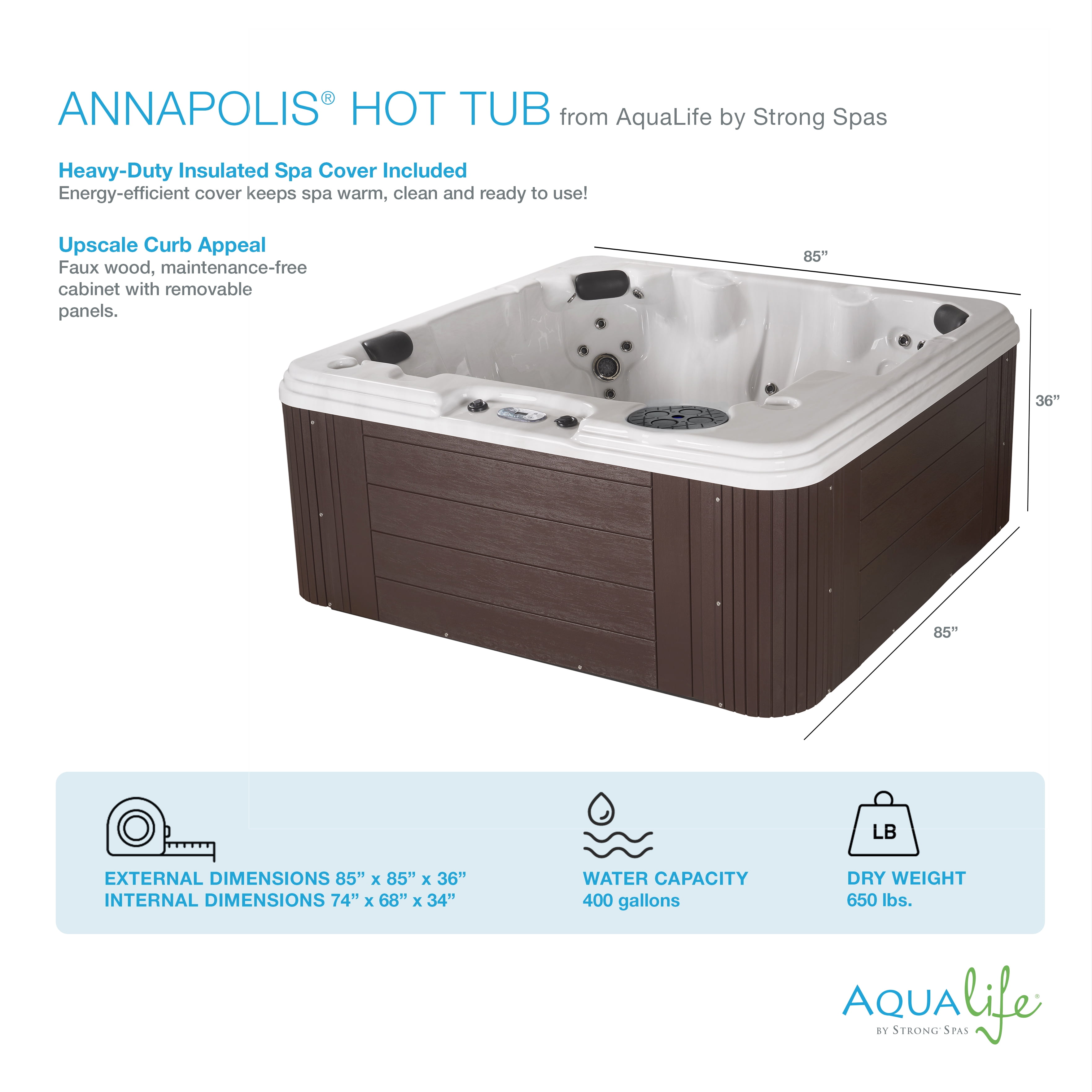 Aqualife by Strong Spas Annapolis 6 Person Lounger Hot Tub, 50 Jets, 2 Pumps, Espresso