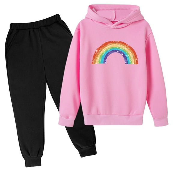 Girls Sweatsuit Outfits Size 6 Rainbow Hooded Sweatshirt Sweatpants Fashion Pullover Casual Kids 2 Piece Pant Sets, Pink, 7 Years