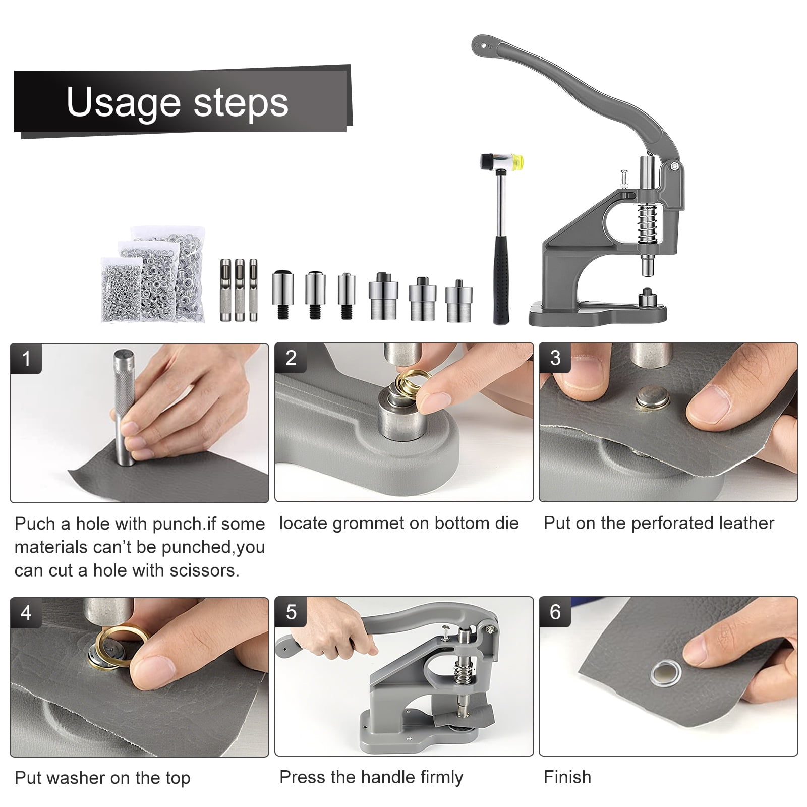 3000pcs Hand Press Grommet Machine, Heavy Duty Eyelet Grommet Machine Punch Tool Kit with Dies, Grommets, and Hammer for Snap Buttons, Rivets, Eyelets, and Pearls (Gray)