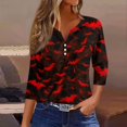 thumbnail image 2 of WTOBBY Women's Halloween Printed V-Neck Button Detail Tee with 3/4 Sleeve, Casual Weekend Fashion Top for Fall Season, Comfortable Daily Wear Apparel,Red L, 2 of 6