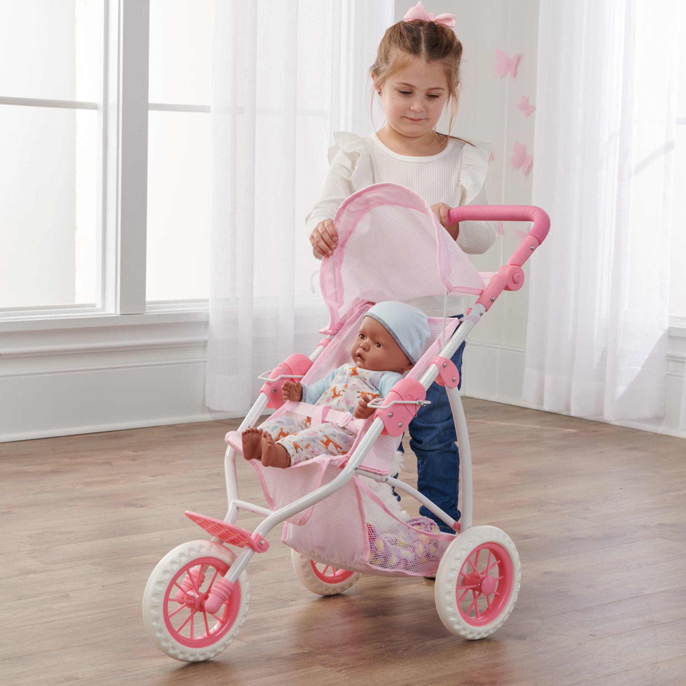 Folding Three Wheel Doll Jogging Stroller - Pink/Gingham