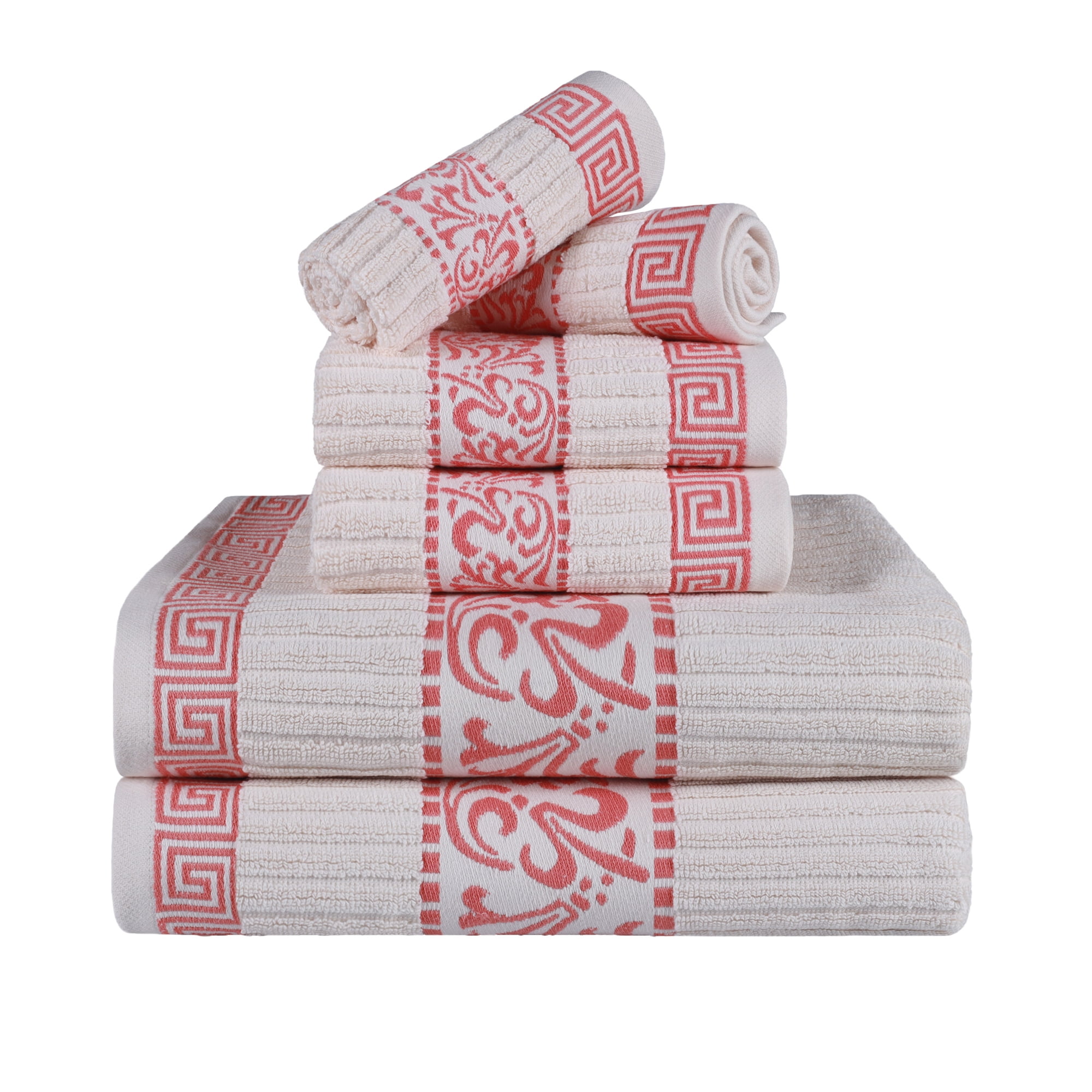 BNM Cotton Decorative Border 6 Piece Towel Set, IvoryCoral