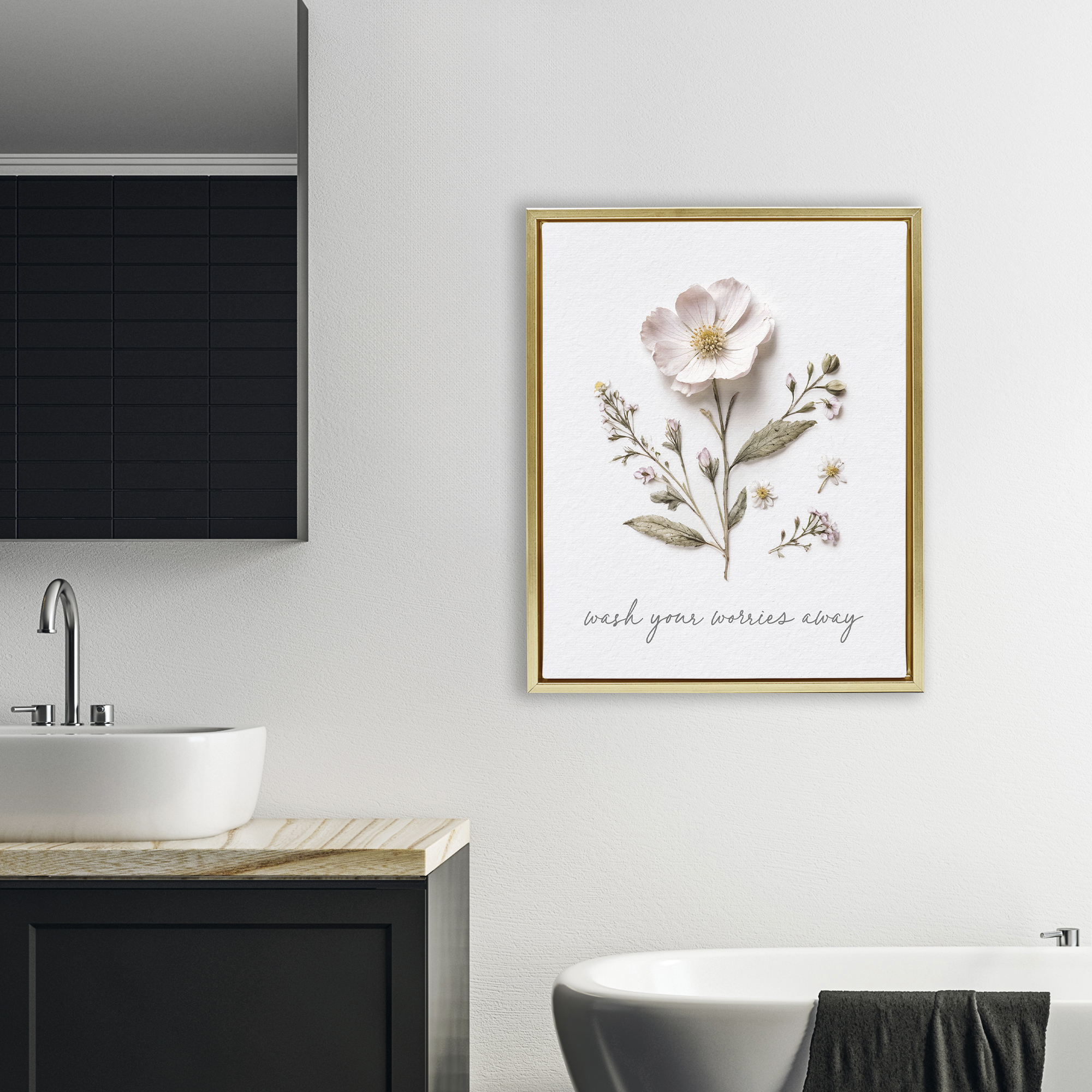 Pressed Flower Wash Worries Away Gold Framed Floater Canvas Wall Art, design by Lettered and Lined
