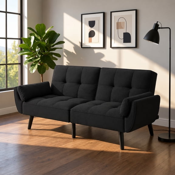 BSHTI 74.8" Linen Convertible Futon Sofa Bed with Split Back & 3-Position Adjustment, Tufted Design, Flared Arms, for Living Room & Guest Room( Black)