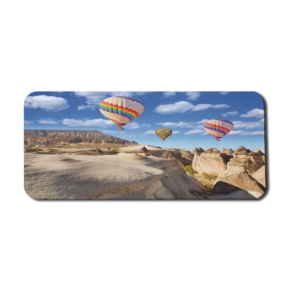Colorful Computer Mouse Pad, Rocky Landscape View at Cappadocia Turkey and Flying Hot Air Balloons Image, Rectangle Non-Slip Rubber Mousepad X-Large, 35" x 15" Gaming Size, Multicolor, by Ambesonne