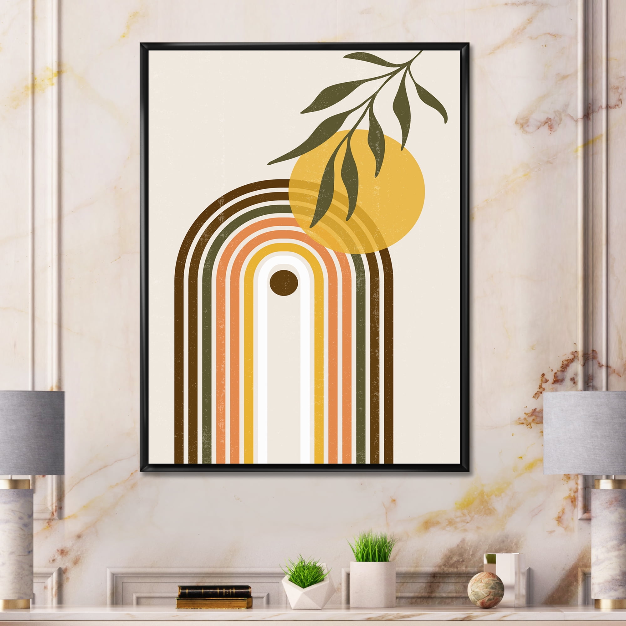 Designart 'Abstract Retro Rainbow With Yellow Sun' Modern Framed Canvas Wall Art Print