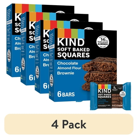 (4 pack) KIND Soft Baked Gluten Free Chocolate Almond Flour Brownie Squares, 1.4 oz, 6 Count Box