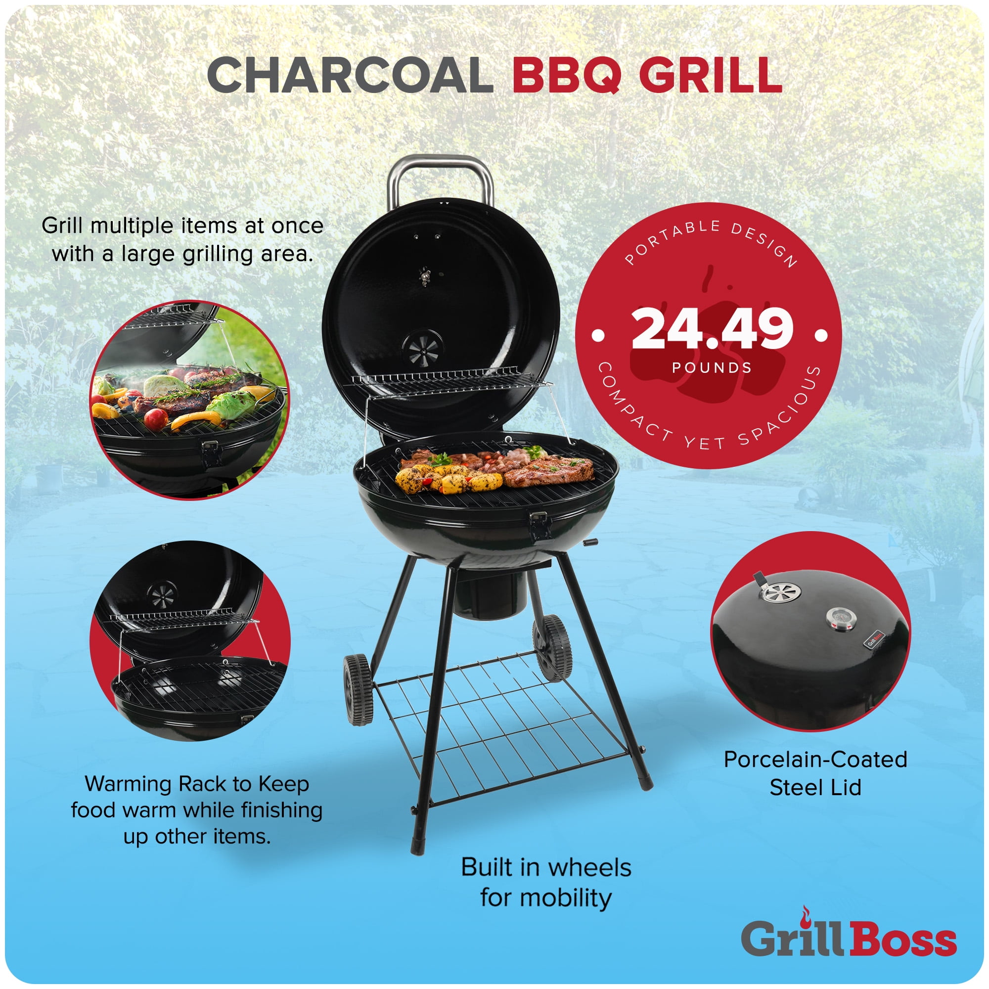 Grill Boss Charcoal Kettle Grill Outdoor BBQ with 22-Inch Grilling Space