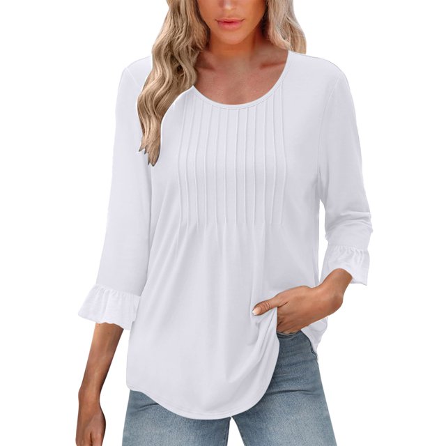 Kaemgyyd Hauts à Manches 3/4 pour Femmes Décontractés Chics Col Rond Manches à Volants devant Plissé Blouses d'Été Tendance