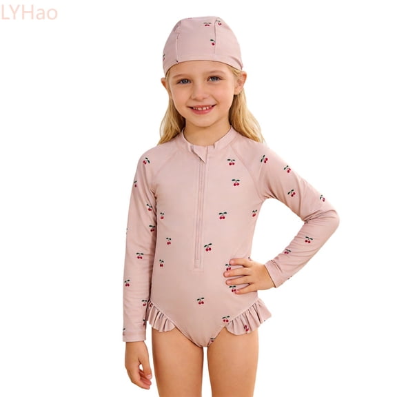 LYHao Girls Sun Swimwear With Prints UPF 50 Rash Guard Long Sleeve Bathing For Toddler Kids Beach Pool,One-Piece Swimwear 2-3 Years Beige