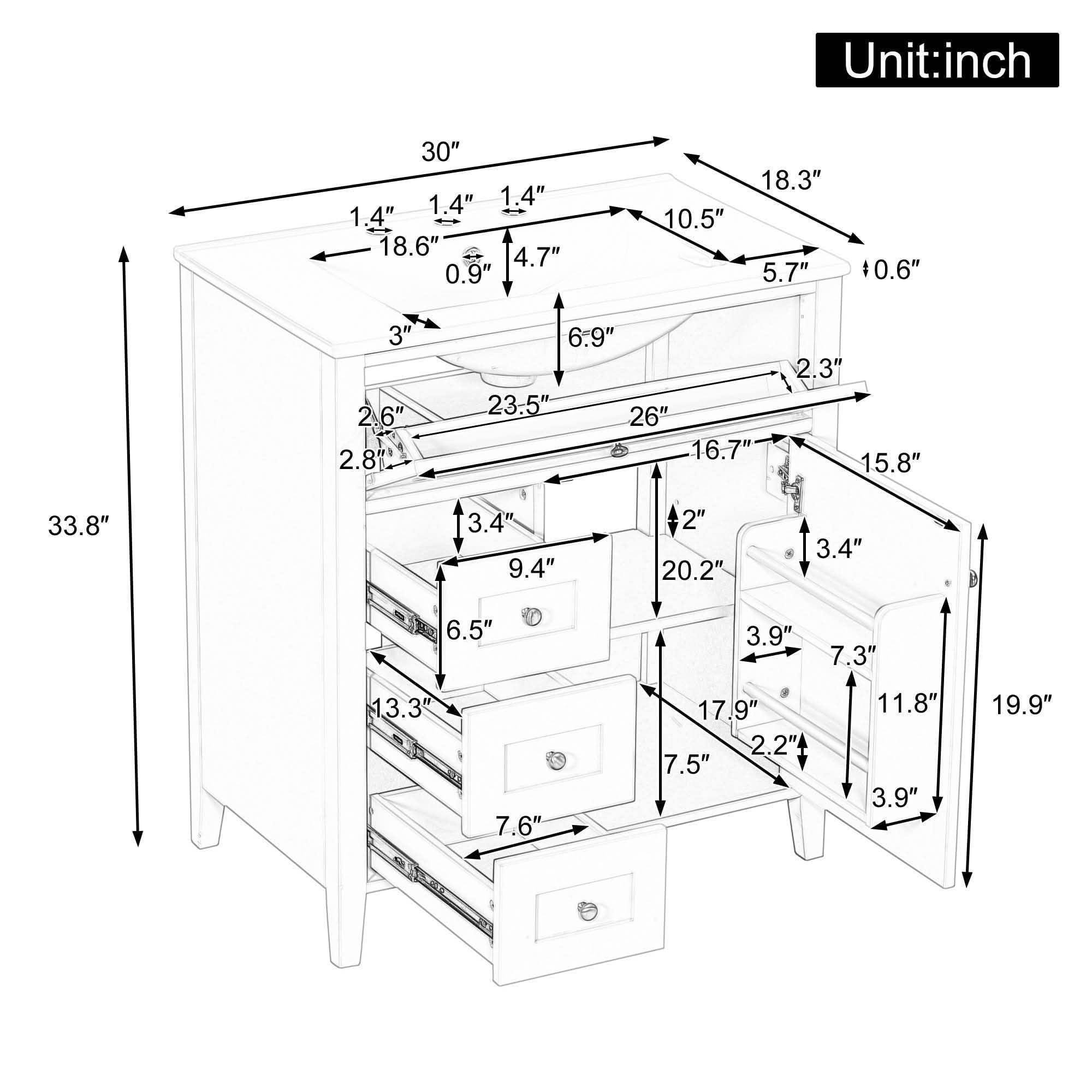 MAYEERTY 36" Bathroom Vanity Ceramic Sink Top Solid Wood MDF Flip Drawer Adjustable Shelf Metal Handles