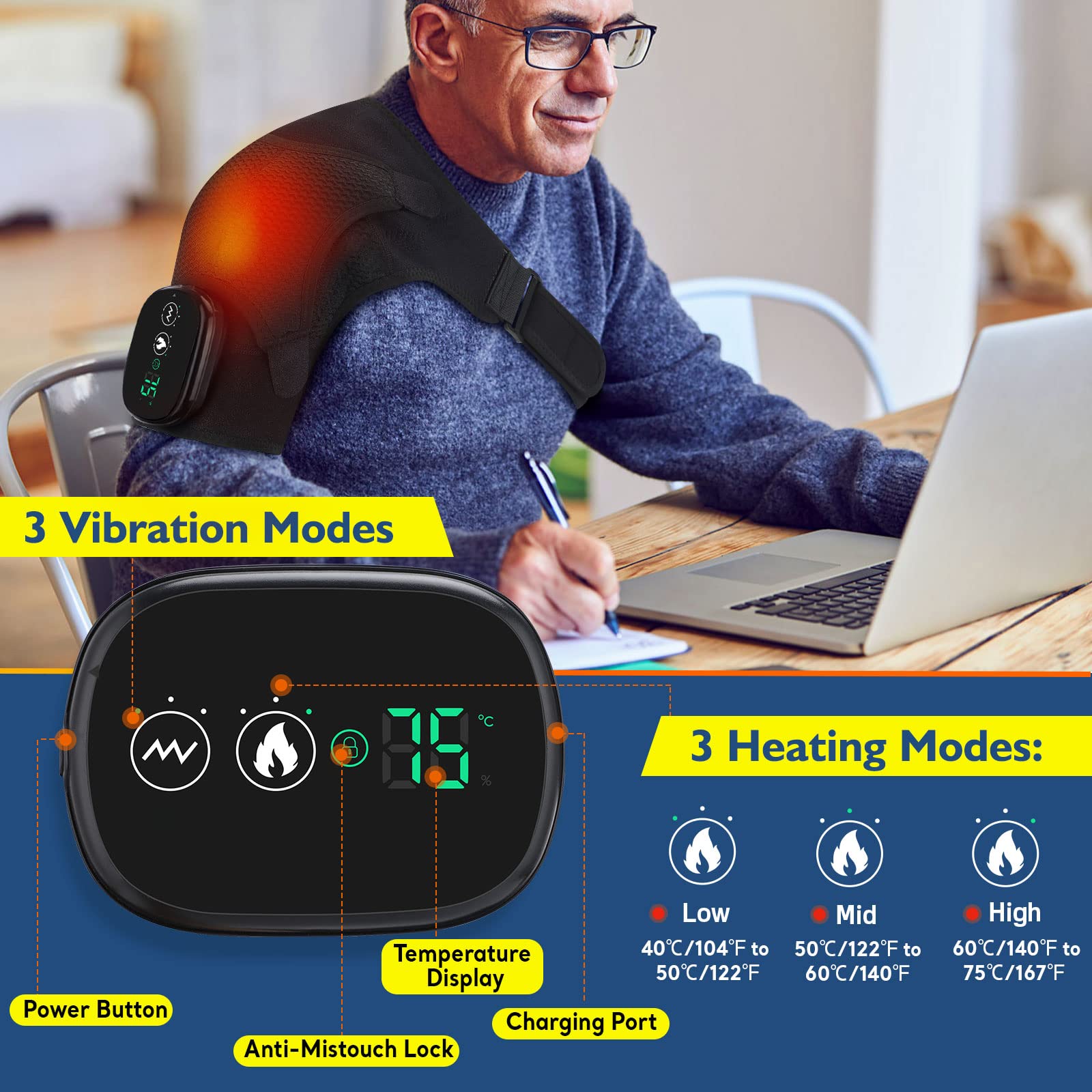 Portable Heating Pad,Cordless Shoulder Heating Pad,Heated Shoulder Brace with Vibration, 5000mAh Shoulder Massager for Men Women Shoulder Relax (Black)