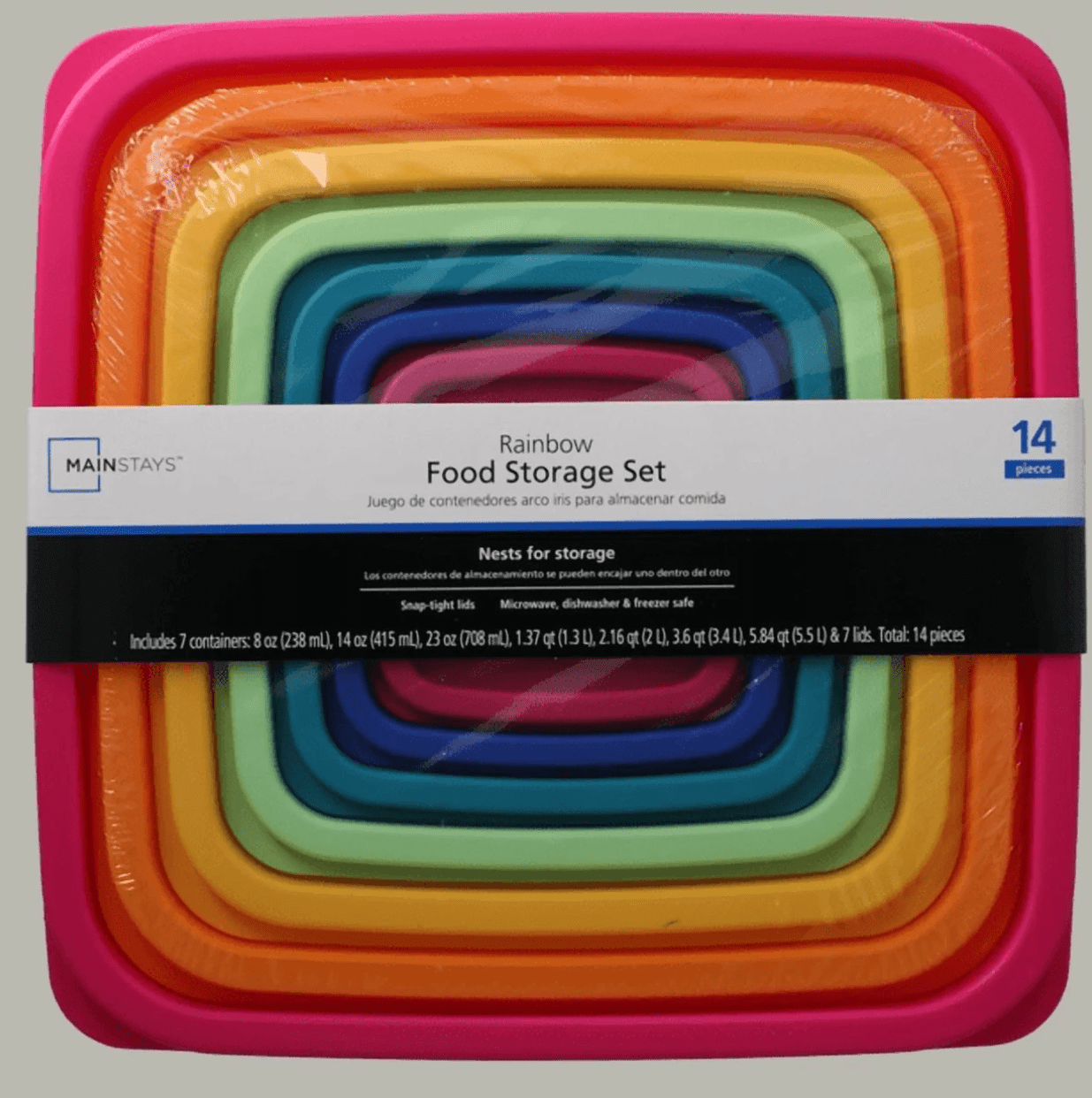 Mainstays Plastic Rainbow Food Storage Set, Multi Color, 14 Count, Best Used for Leftover Storage and Reheating