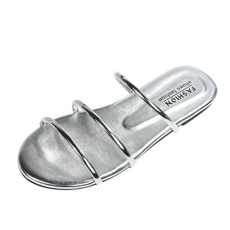 

Gzea Womens Slide Sandals Ladies Fashion Summer Solid Color Strap Combination Simple Flat Slippers Silver 42