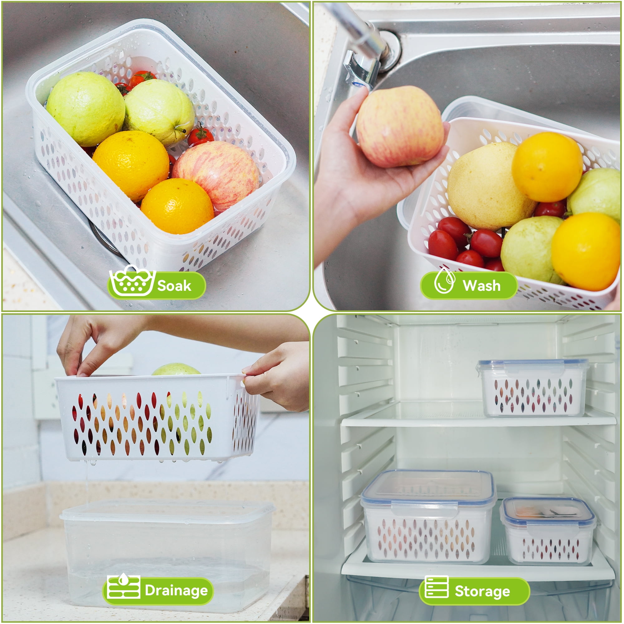 Fukushima Fruit Storage Containers for Fridge, 3 Pack Food Saver with Airtight Lid & Colander for Salad Berry Lettuce Vegetable Storage, Refrigerator Organizer